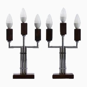 French Art Deco Triple Candelabra Table Lamps in Macassar and Chrome, 1930, Set of 2