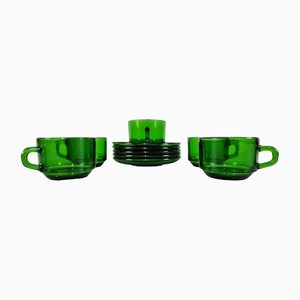 Tazas de té y platillos era espacial de vidrio verde de Vereco, France, años 70. Juego de 5