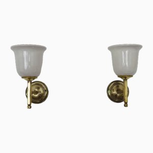 Art Deco Wall Lights in Bronze and White Ceramic Tulips, 1920s, Set of 2