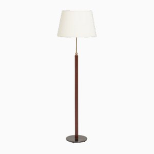 Mid-Century Brown Faux Leather and Brass Floor Lamp from Falkenbergs Belysning, 1960s
