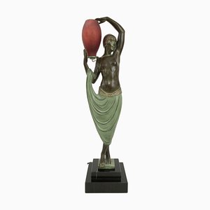 Odalisque Skulptur Lampe mit rotem Glas in Spelter und Marmor von Fayral für Max Le Verrier, 2022