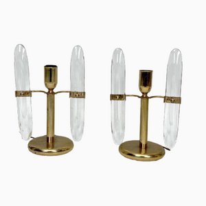 Lámparas de mesa posmodernas de metal dorado y vidrio de Stilkronen, Italy, años 70. Juego de 2