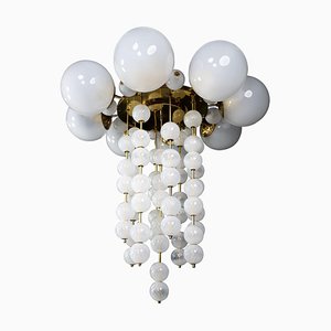 Grand Brass and Frosted Glass Globes Chandelier, 1960s