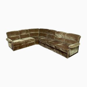 Mid-Century Brown Velvet Modular Corner Sofa, Set of 6