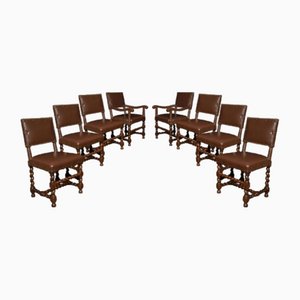 Leather Upholstered Oak Dining Chairs, 1890s, Set of 8