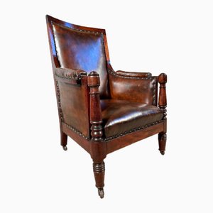 Antique Regency Georgian Library Armchair in Leather and Cuban Mahogany, 1830s
