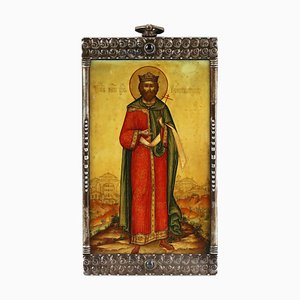 Art Nouveau Russian Icon of St. Constantine on Zinc in Silver by Faberge
