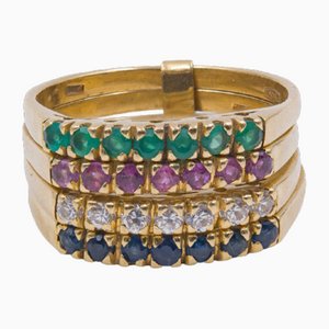 18 Karat Yellow Gold Harem Ring with Diamonds, Rubies, Sapphires and Emeralds, 1970s