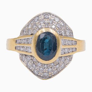 18 Karat Yellow Gold Ring with Sapphire and Diamond, 1960s-1970s