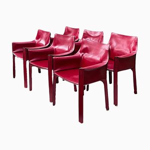 Cab 414 Armchairs in Oxblood Red Leather by Mario Bellini for Cassina, 1970s, Set of 6