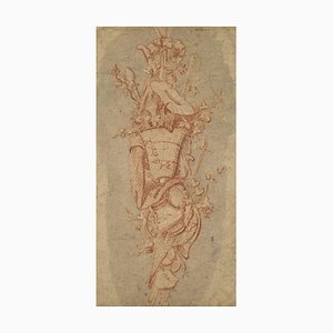 French School, Lautone Cornucopia Decorative Ornament, 17th Century, Red Chalk Drawing