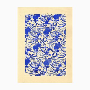 Jean Mary Ogilvie, diseño Art Déco abstracto azul, años 30, pintura Gouache