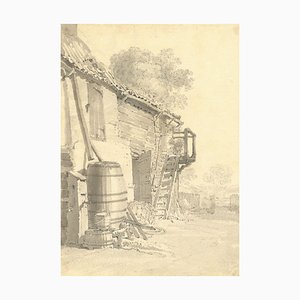 John Monro, Farmyard Study, Original Gray Wash Zeichnung, 1830er, Graphit & Papier Aquarell