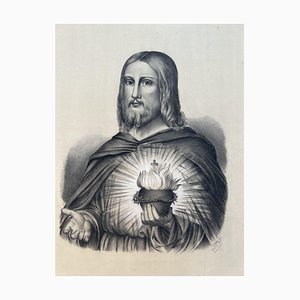 Large Drawing Sacred Heart of Jesus Christ, 19th Century