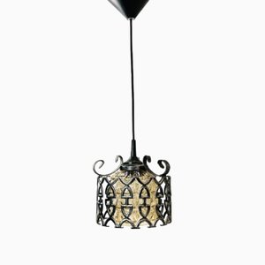 Brutalist Wrought Iron and Glass Pendant Lamp, 1970s