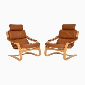 Danish Leather & Bentwood Armchairs, 1970s, Set of 2