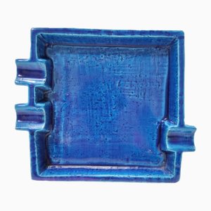 Posacenere quadrato vintage in ceramica blu di Rimini attribuito ad Aldo Londi per Bitossi, Italia, anni '60