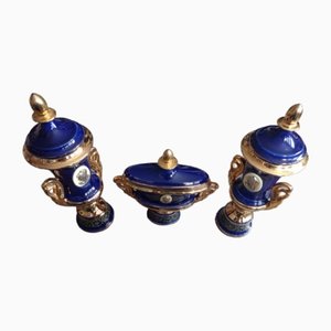 Cheminée en Céramique Bleue Cobalt et Dorée, 1920s-1930s, Set de 3