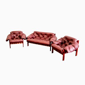 Mid-Century Sofa Set in Burgundy Leather in the style of Percival Lafer, 1970s, Set of 3