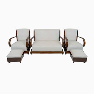 Art Deco Sofa, Armchairs & Poufs in Walnut and Velvet, Italy, 1920s, Set of 5