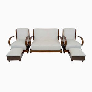 Canapé, Fauteuils et Poufs Art Déco en Noyer et Velours, Italie, 1920s, Set de 5