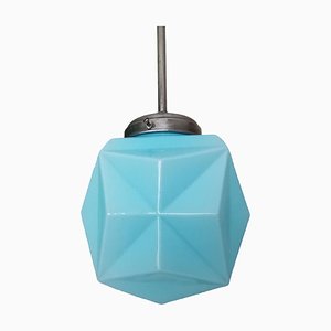 Lampe à Suspension Origami Style Art Déco en Verre Opalin Bleu, 1950s