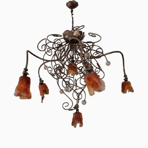 Large Handmade Glass and Iron Chandelier