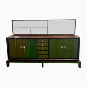 Credenza with Mirror in Rosewood & Maple with Green Aniline Futurist Handles, 1930s, Set of 2
