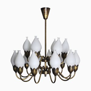 18-Arm Brass and Opaline Glass Tulip Chandelier from Fog & Mørup, 1950s