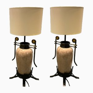Large Table Lamps in Ceramic and Wrought Iron, 1980s, Set of 2