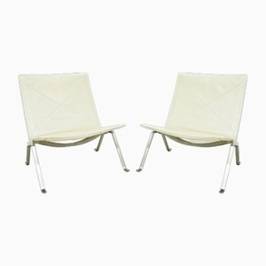 PK22 Lounge Chairs in Polished, Brushed Steel and Cream Leather by Poul Kjærholm for Fritz Hansen, 1990s, Set of 2