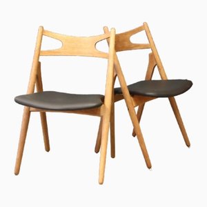 Oak and Black Leather Model Ch 29 Sawbuck Chair by Hans J. Wegner for Carl Hansen & Søn, 1960s