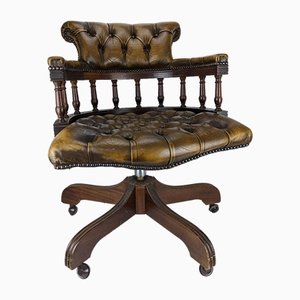 Chesterfield Revolving Captain's Chair with Polished Brown Leather Upholstery, 1970s