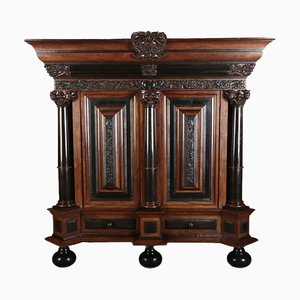 Baroque Cabinet Amsterdam Schapp, 5 Ebonized Columns, Pillow Fillings, Carved Chapters - Doors - Cornice, Secret Compartment, on High Feet, 1880