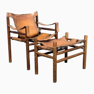 Ungarischer Vintage Safari Stuhl und Fußhocker von Arne Norell, 1970, 2er Set