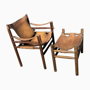 Ungarischer Vintage Safari Stuhl und Fußhocker von Arne Norell, 1970, 2er Set