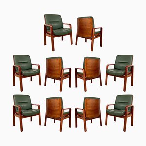 Vintage Green Leather and Mahogany Plywood Conference Chairs, Set of 10