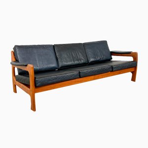 Vintage Danish Black Teak Leather 3 Seater Sofa