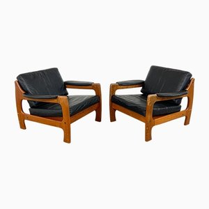 Vintage Danish Black Leather Teak Armchairs, Set of 2