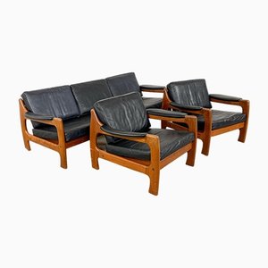 Vintage Danish Black Leather and Teak Wood 3 Seater Sofa and Armchair , 1960s, Set of 3