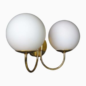 Brass Fixtures and Opaline Glass Globes Sconces, Italy, 1960s
