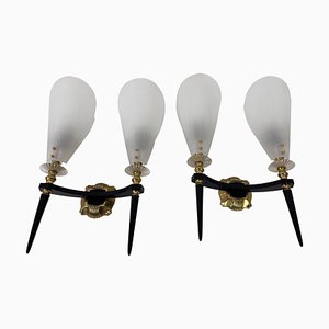 Brass and Arcrylic Glass Wall Lamps attributed to Maison Arlus, France, 1960s, Set of 2