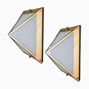 Pyramid Wall Lights in White Glass and Brass from Glashütte Limburg, 1970s