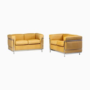 Natural Leather LC2 3-Seater Sofas by Le Corbusier for Cassina, 1990, Set of 2