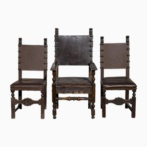 Vintage High chairs in Carved Wood in Brown Leather, 1930, Set of 3