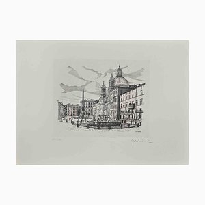 Giuseppe Malandrino, Vue de la Piazza Navona, 1970s, Gravure à l'Eau-Forte