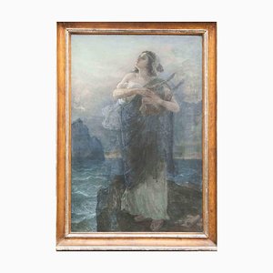 Peintre Symboliste, Dame à la Harpe, 19ème Siècle, Huile sur Toile, Encadrée