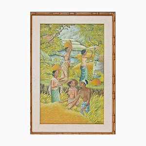 Unknown, Balinese Scene, Mid-20th Century, Tempera and Watercolor, Framed