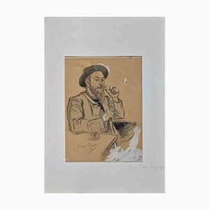 Georges Redon, Pipe Man, Dessin au Crayon et Encre, 1895