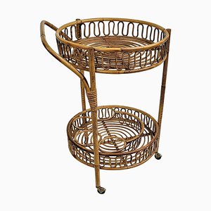 Italian Bohemian Round Serving Bar Cart in Bamboo and Rattan by Franco Albini, 1960s